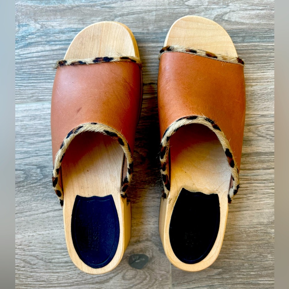 Swedish Hasbeens Detail Slipper in Natural with cow cheetah print detail size 38